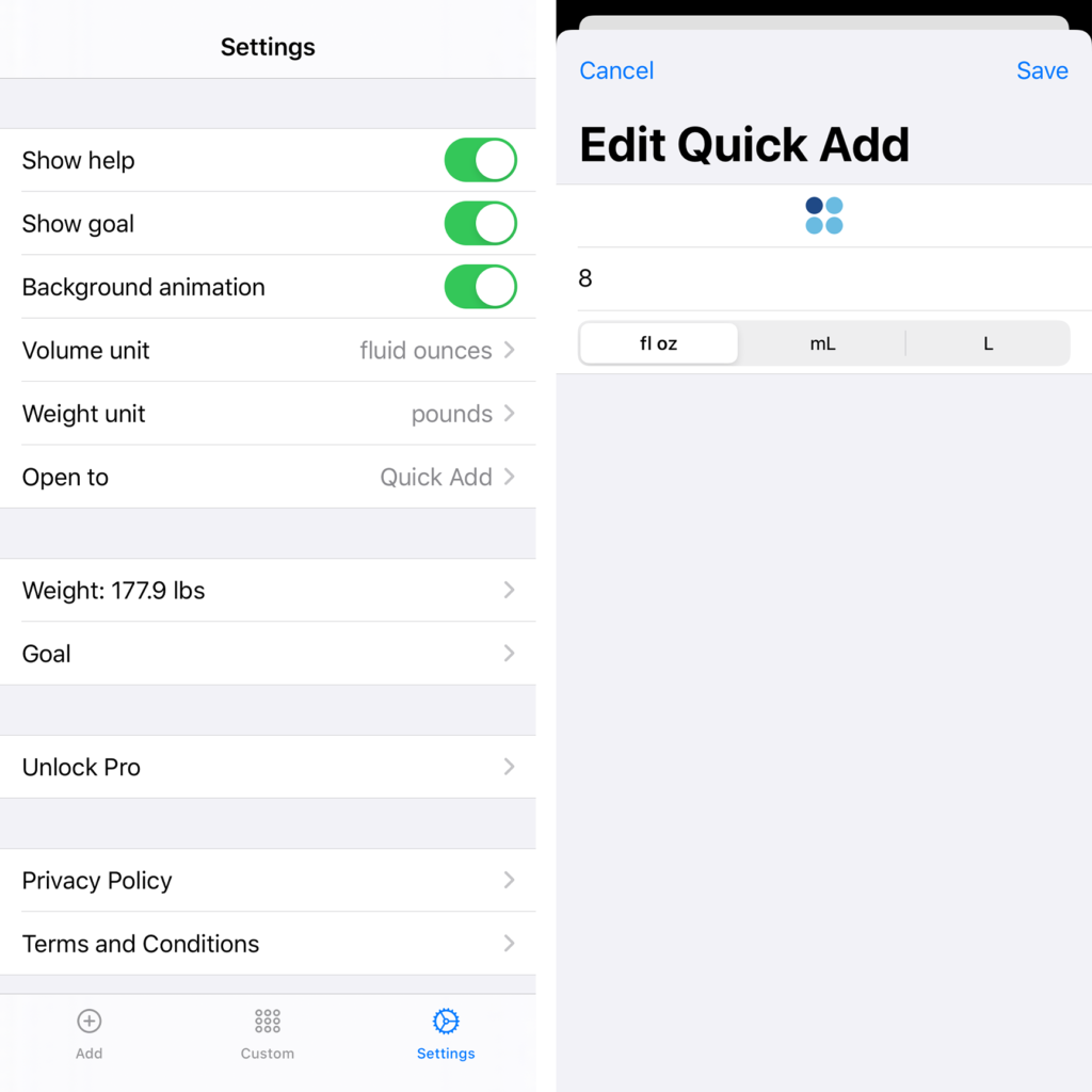 Screenshots showing the new Settings and Quick Add screens, which match the iOS design language.
