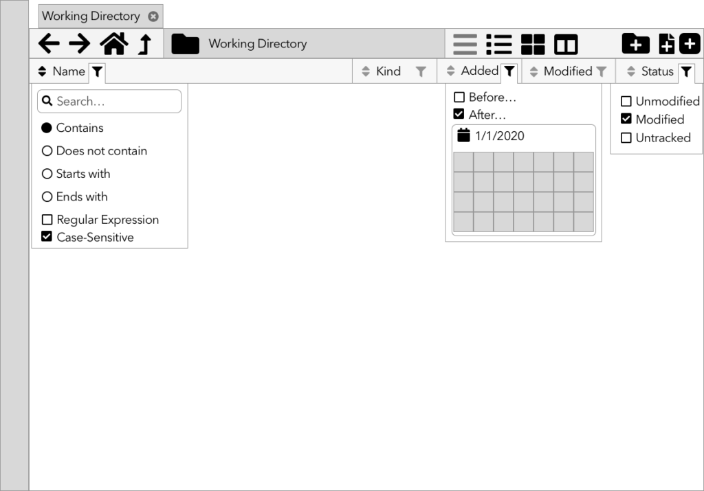 Wireframe of a filtering UI in a file browser.