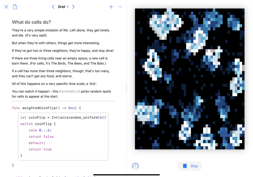 Screenshot of the 'Grid' page of the playground book.  The full text is at https://github.com/grey280/SwiftLife/blob/master/Swift%20Student%20Submission.playgroundbook/Contents/Chapters/Chapter1.playgroundchapter/Pages/Grid.playgroundpage/main.swift