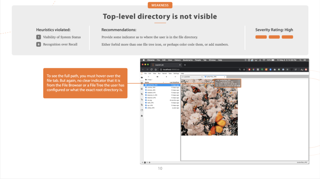 Slide from a heuristic evaluation of JupyterLab, highlighting that the top-level directory is not visible in the file browser.