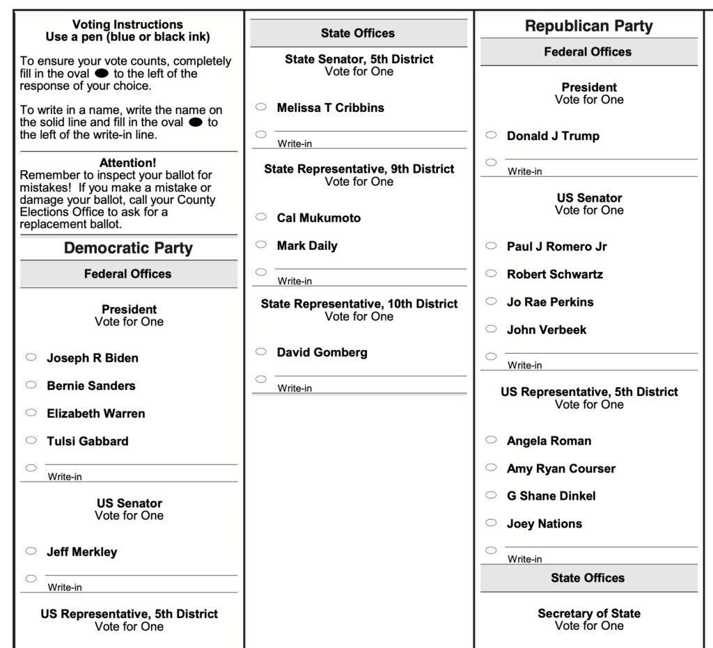 Screenshot from the 2020 primary election ballot from Lincoln County, Oregon