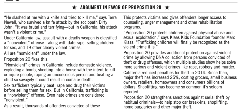 Screenshot of the Argument in Favor section of Proposition 20 in the 2020 California voter's guide.