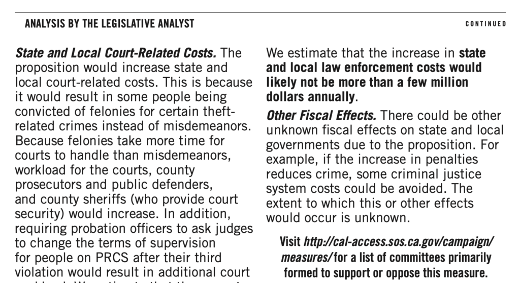 Screenshot of the Analysis by the Legislative Analyst section of Proposition 20 in the 2020 California voter's guide.