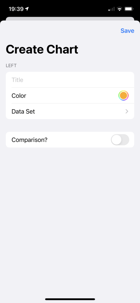Screenshot of an iOS application showing a form: Title, Color, and Data Set; Comparison? is set to false.