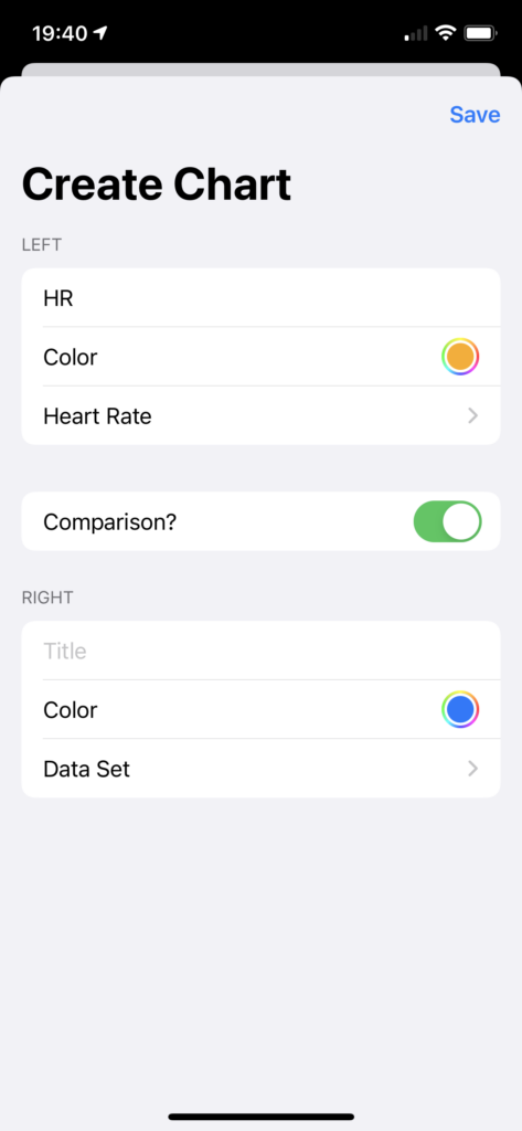 Screenshot of an iOS application showing a form: Title, Color, and Data Set; Comparison? is set to true. The first three questions are repeated.