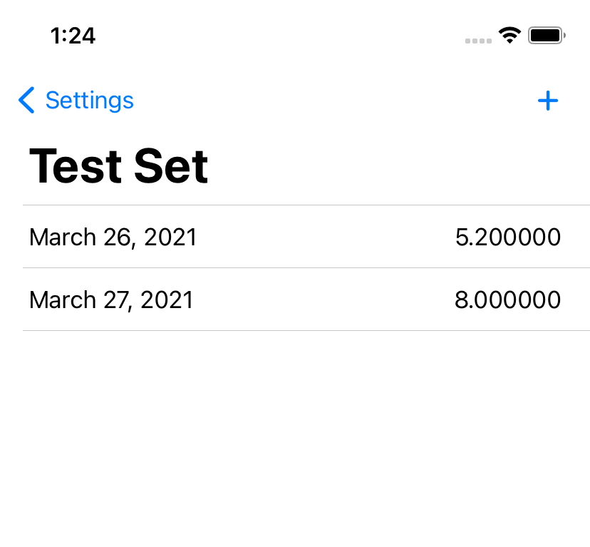 Screenshot of a list with a title, two items showing a date and value each, and an 'add' button.