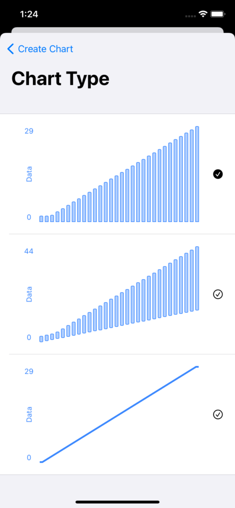 Screenshot of a picker showing three types of graphs.