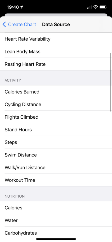 Screenshot of an iOS application showing a list to choose from, with groupings such as Activity featuring items like Calories Burned and Cycling Distance.