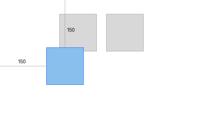 Three squares; two are in a row, while the third is out of alignment and slightly overlapping. The distance from the misaligned square to the top and left of the image are labeled with '150' on each.